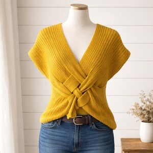 Mustard Yellow Wrap Sweater Top | Knit Tie Front | Size L